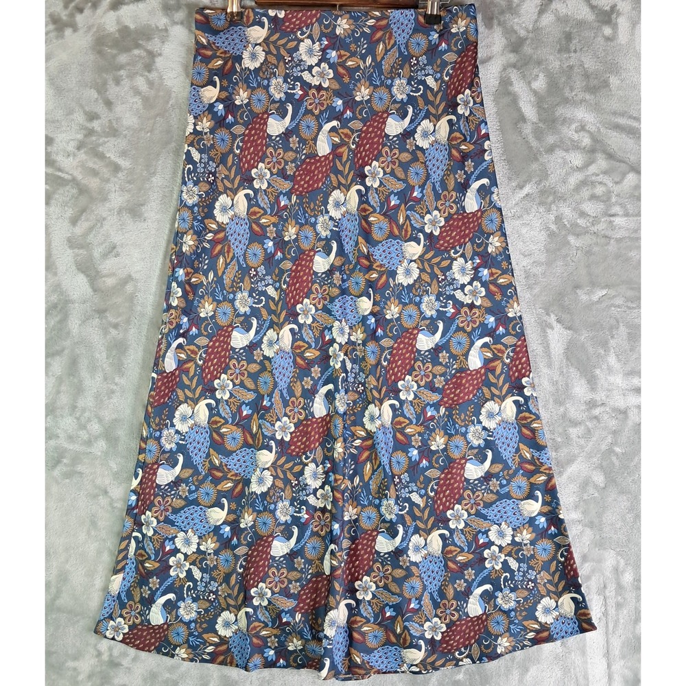 LOFT Womens Medium Blue Peacock Floral Print Maxi Skirt A-Line Long Flare